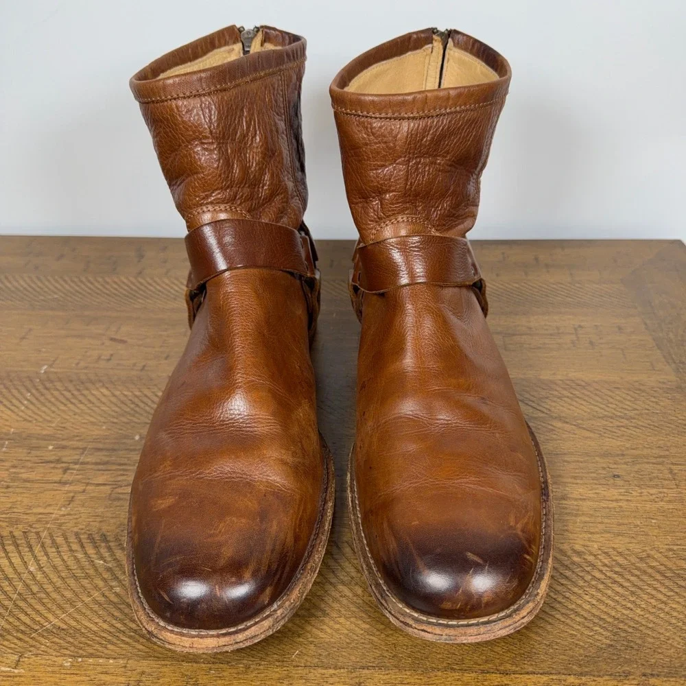 Frye Boots Men 11.5 D Brown Cognac Phillip Harness Zip Leather Biker Moto Cowboy